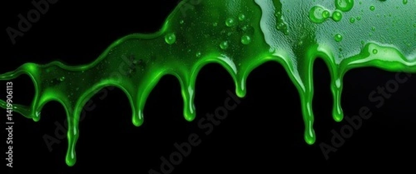 Fototapeta Glistening, vibrant green slime oozing across a stark black background, abstract, still life