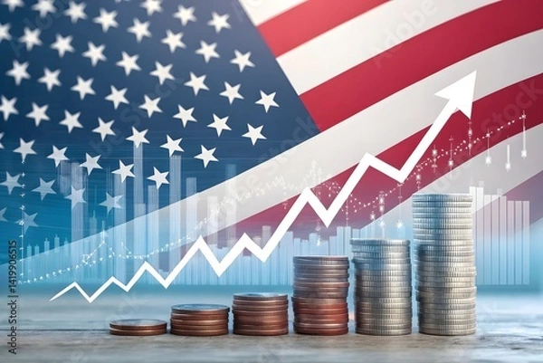 Obraz American Flag with Financial Data Charts