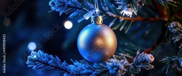 Fototapeta Silver ball ornament glows under blue LED lights on a frosted pine branch, decoration, cold