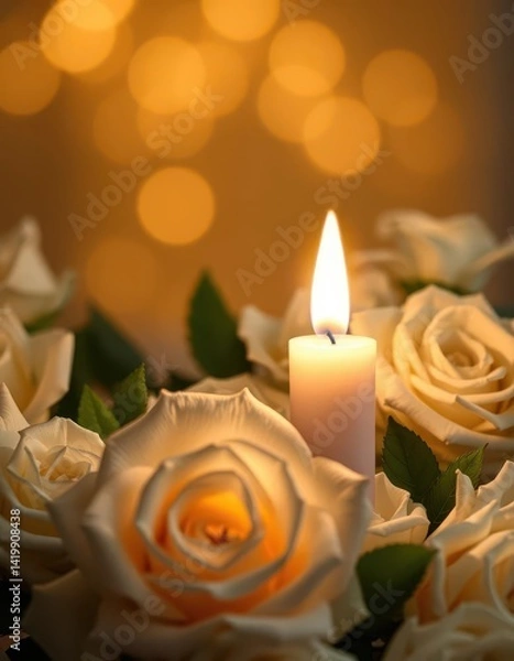 Fototapeta Single candle illuminates white roses, soft light, peaceful scene, relaxation, dark