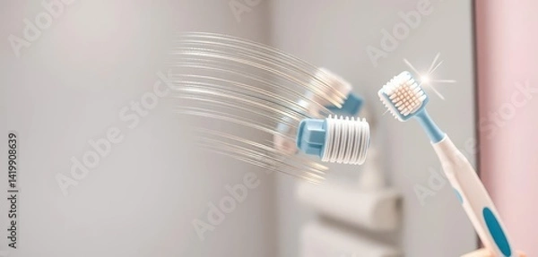 Fototapeta Sleek metallic brushstrokes reflected in pristine bathroom mirror beside sparkling toothbrush, surface, sparkle