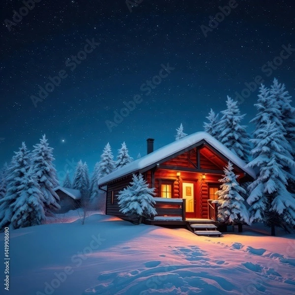 Fototapeta Snow-covered cabin glows warmly against a starry night sky, frosty trees surrounding, forest, winter wonderland, dark