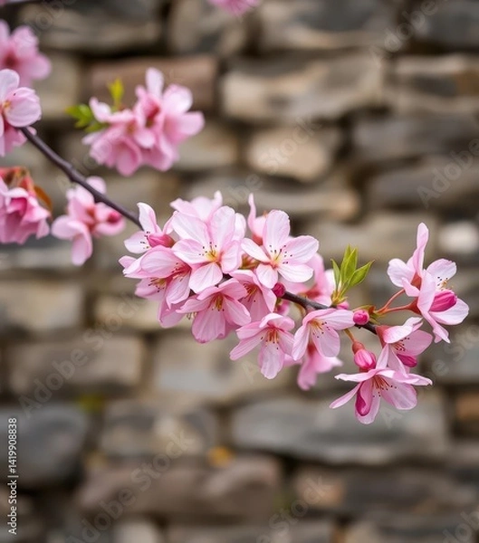 Fototapeta Soft focus pink cherry blossoms blooming against a softly blurred stone wall background, calm, sakura, japanese