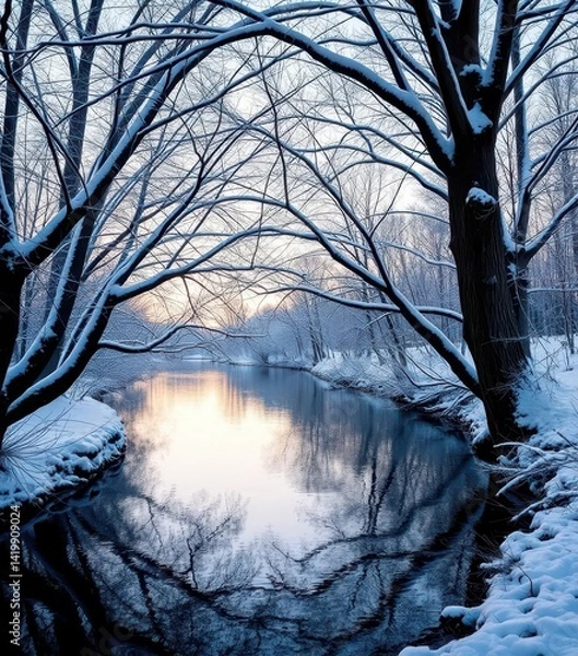 Fototapeta Stark winter branches arch over a tranquil, snow-dusted river, landscape, serene, natural