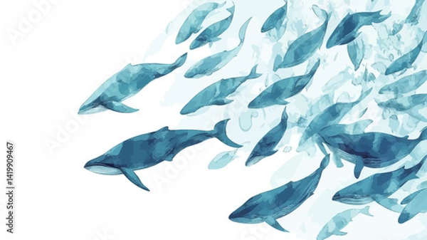Fototapeta A digital watercolor painting depicts a large group of humpback whales swimming in the air. The whales are rendered in varying shades of translucent blue to create a sense of depth and movement.