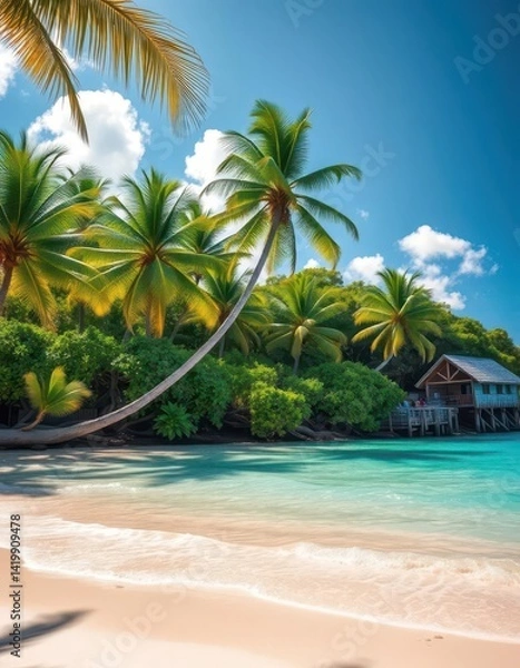 Fototapeta Sun-drenched tropical beach with lush palm trees, turquoise water, coast, scenery, paradise