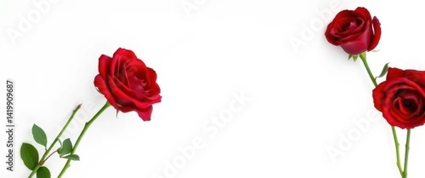 Fototapeta Three deep crimson roses, pristine white background, velvety petals, red roses, studio shot, dark red roses