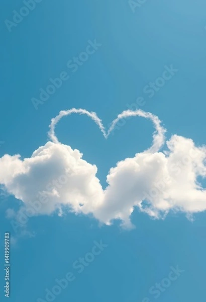 Fototapeta Two fluffy clouds forming a perfect heart shape against a clear blue sky, love, view, romance