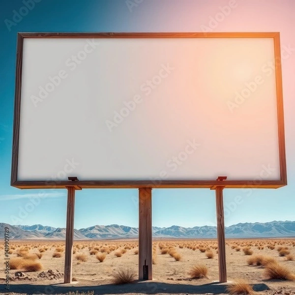 Fototapeta Vast empty Mojave Desert billboard, stark sunlight, weathered wood frame, roadside, heat, nature