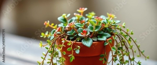 Fototapeta Tiny terracotta pot overflowing with vibrant inch plant & trailing foliage, small, cute, spring
