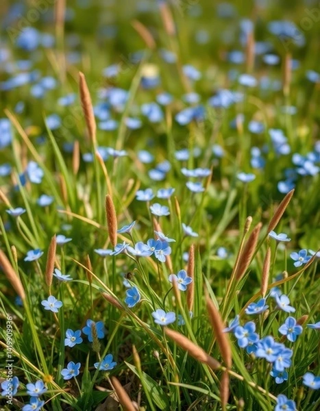 Fototapeta Vibrant blue forget-me-nots and scorpion grasses carpet a spring meadow, rural, background