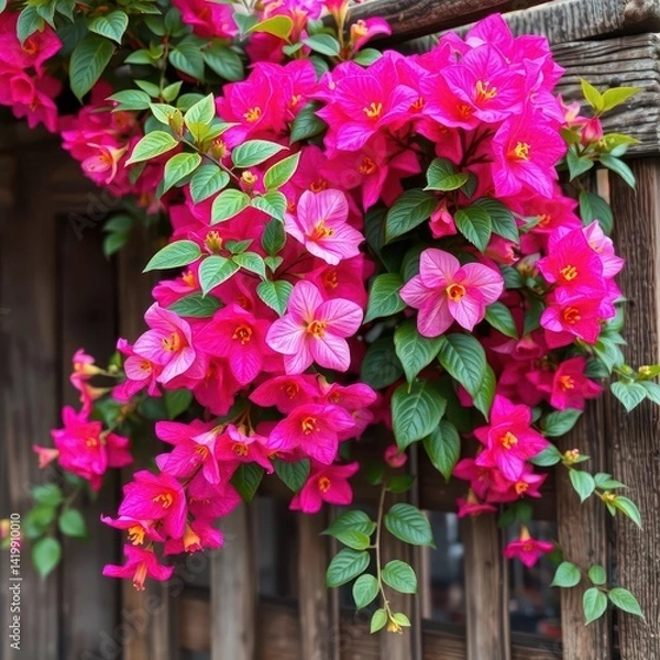 Fototapeta Vibrant bougainvillea blooms entwined on rustic wooden trellis, wooden, decoration, vineyard