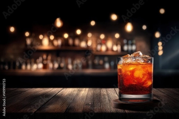 Obraz A refreshing drink with ice sits on a dark wooden surface, illuminated against a blurred bar backdrop with warm bokeh lights