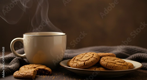 Fototapeta Freshly Baked Ginger Snap Cookies with Steam Rising, Cozy Homely Scene