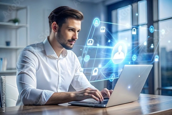 Fototapeta Cybersecurity Professional Working on Data Protection in Modern Office