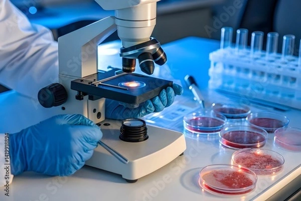 Obraz scientist in laboratory with microscope