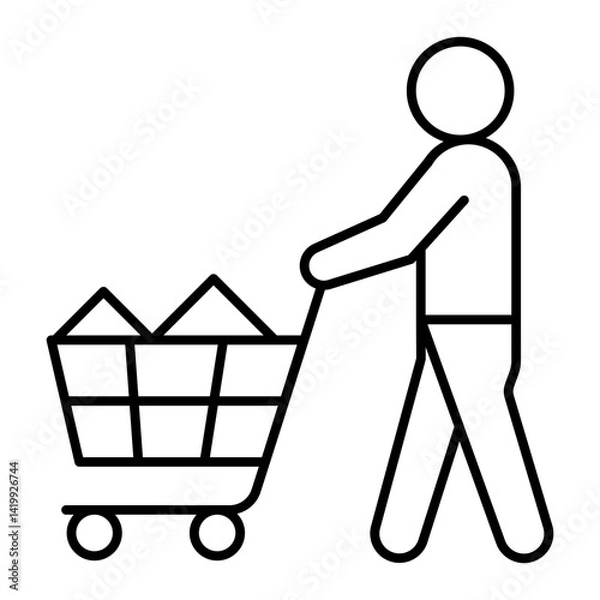 Fototapeta Man with shopping cart thin line icon, consumer concept. Vector graphics. Human and full trolley, shopper sign on white background, linear style for mobile or design.