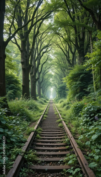 Fototapeta Tracks Disappearing into a Green Forest Canopy Tunnel