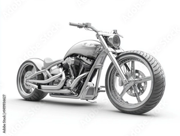 Fototapeta Chrome custom motorcycle on white background, three quarter view, detailed design.