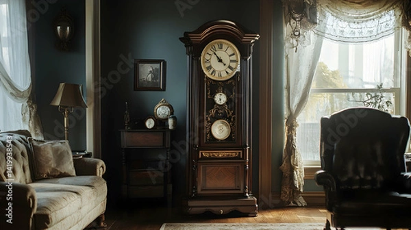 Fototapeta An elegant antique grandfather clock in a vintage-styled room, exuding timeless charm