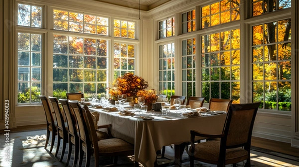 Fototapeta An elegant dining room adorned with autumn decor, featuring large windows showcasing vibrant fall foliage