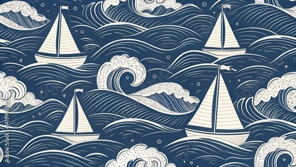 Fototapeta "Pattern of stylized sailing boats and waves in nautical navy blue and white, seamless vector for textile, wallpaper, and gift wrap design."
