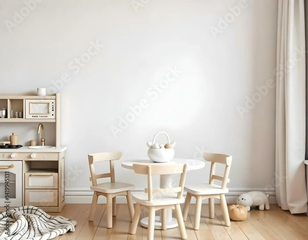 Fototapeta A children's room with a white wall, a small round table with four chairs, a toy kitchen , and a blanket on a wooden floor 