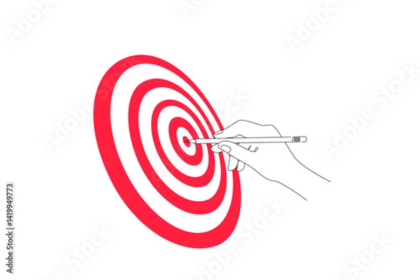 Obraz The art of drawing continuous lines in the form of a hand holding a pencil stuck into a target board.