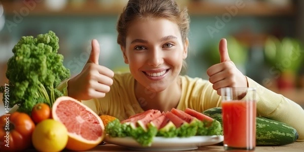 Obraz Smiling Woman Shows Thumbs Up with Fresh Produce and Juice