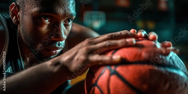 Obraz Sweaty Basketball Player Intensely Gripping Ball