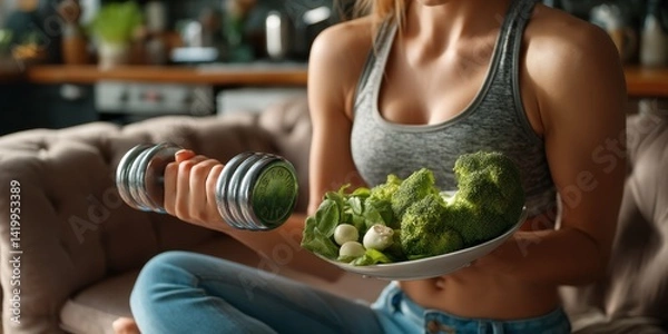 Obraz Woman Exercising at Home with Dumbbells and Healthy Food