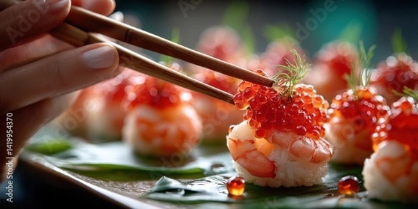 Obraz Woman's Hand Using Chopsticks to Pick Up Red Caviar Sushi on Dark Green Leaf