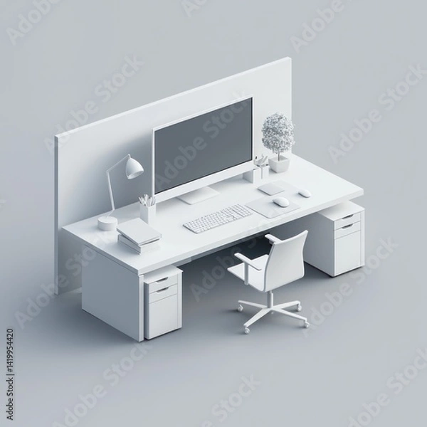 Fototapeta Modern Minimalist Workspace Design with Computer and Desk Accessories