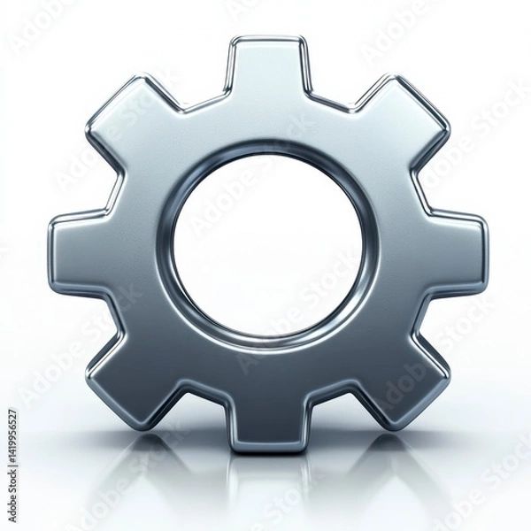 Fototapeta Close up view of a metallic gear on a white background. The gear is silver and has a reflective surface.
