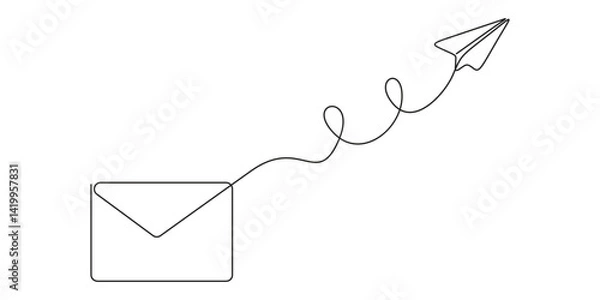 Fototapeta One continuous line drawing of flying Paper plane and mail concept of business. Doodle hand drawn vector illustration