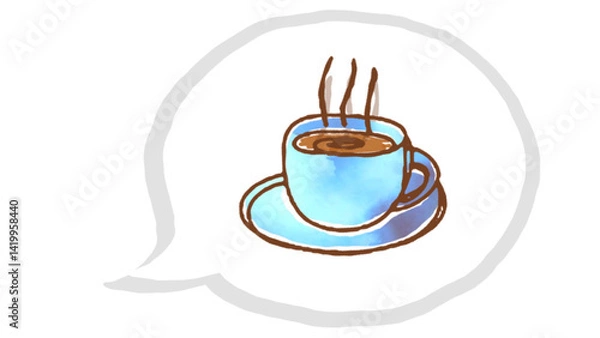 Fototapeta a steaming coffee cup in a blue hue, housed in a speech bubble, symbolizing warmth, comfort, and relaxation. Perfect for projects focused on beverages, cafes, and cozy moment.