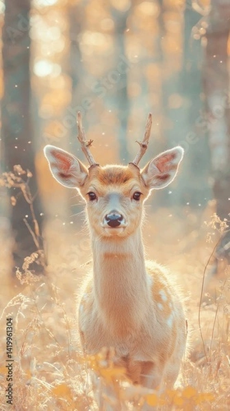 Obraz Majestic Young Deer Posing in Golden Forest Sunlight, Peaceful Autumn Scene with Antlers and Bokeh