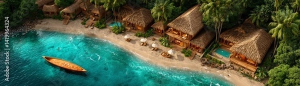 Fototapeta Relaxing beach retreat at tropical island resort aerial view nature paradise setting