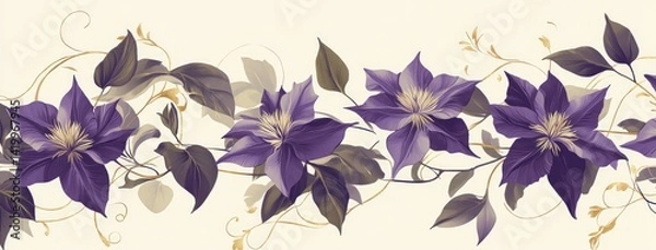 Fototapeta Luxury White Gardenia Border with Golden Stars on Lavender