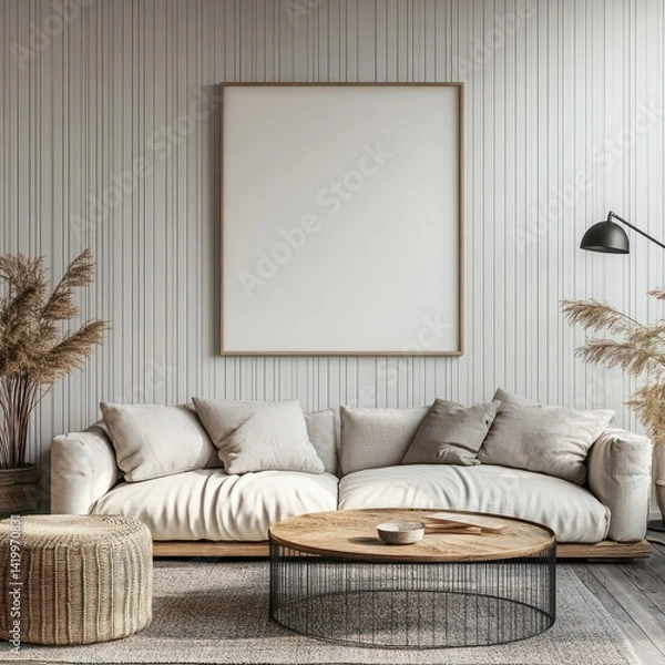 Obraz Modern cozy living room with neutral tones, minimalist design, and empty frame on the wall for art display