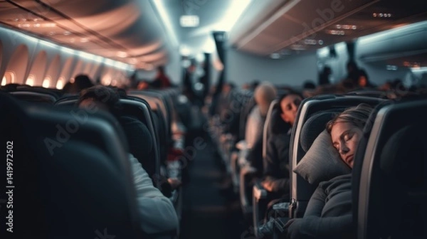 Obraz A plane is filled with people sleeping