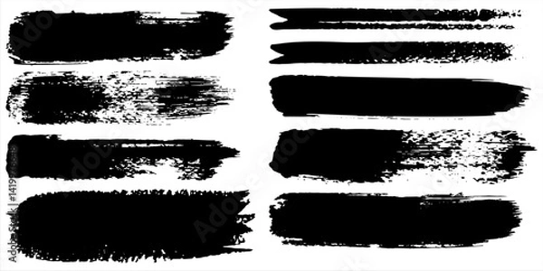 Fototapeta Ink brushstroke and paintbrush template with splashes grunge. Vector set black ink brush stroke. Dirty artistic design elements. Grunge splatter, dirt stain, brush