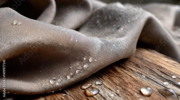 Fototapeta Fabric with Water Drops on Wood Surface