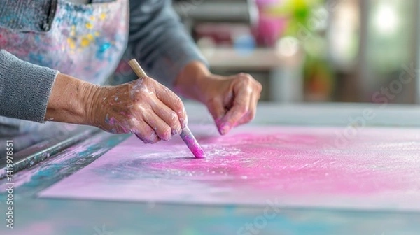 Fototapeta Worker Applying Vibrant Ink to Large Sheet of Paper in Creative Workspace
