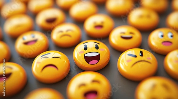 Fototapeta A background with a variety of emoticons with different sad and cheerful smiling and crying emotions. World Smile and Emoji Day .