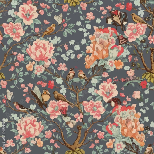 Fototapeta A stunning vector illustration of a chinoiserie seamless pattern featuring a blossoming tree. The tree is adorned with various birds, including sparrows and finches, as well as butterflies .
