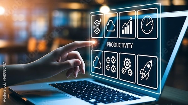 Obraz Process to increase productivity concept. Businessman use laptop with productivity icon for industrial management in efficiency and efficient process. Lean cost and productivity growth.