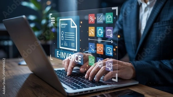 Obraz E-invoice and online digital statements concept. Businessman working with digital invoice management system on laptop.