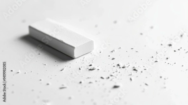 Fototapeta A high-resolution close-up of a classic white eraser resting on a clean sheet of paper, with tiny eraser shavings scattered around, highlighting its smooth texture and functionality.