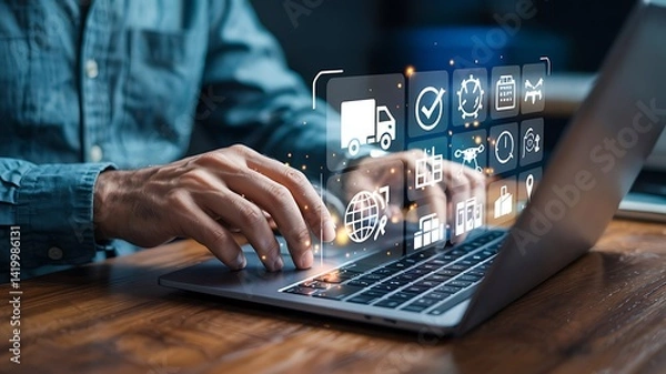 Obraz Logistic and transport concept, Businessman using laptop with supply chain technology for logistic management, organizing and controlling resources to meet the needs of customers.
